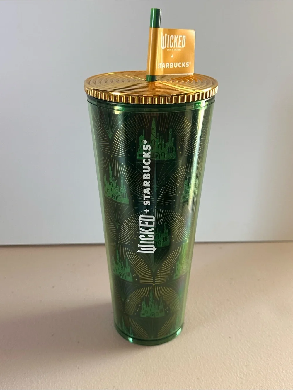 Starbucks Wicked Green and Gold Tall Tumbler with Flag Straw
